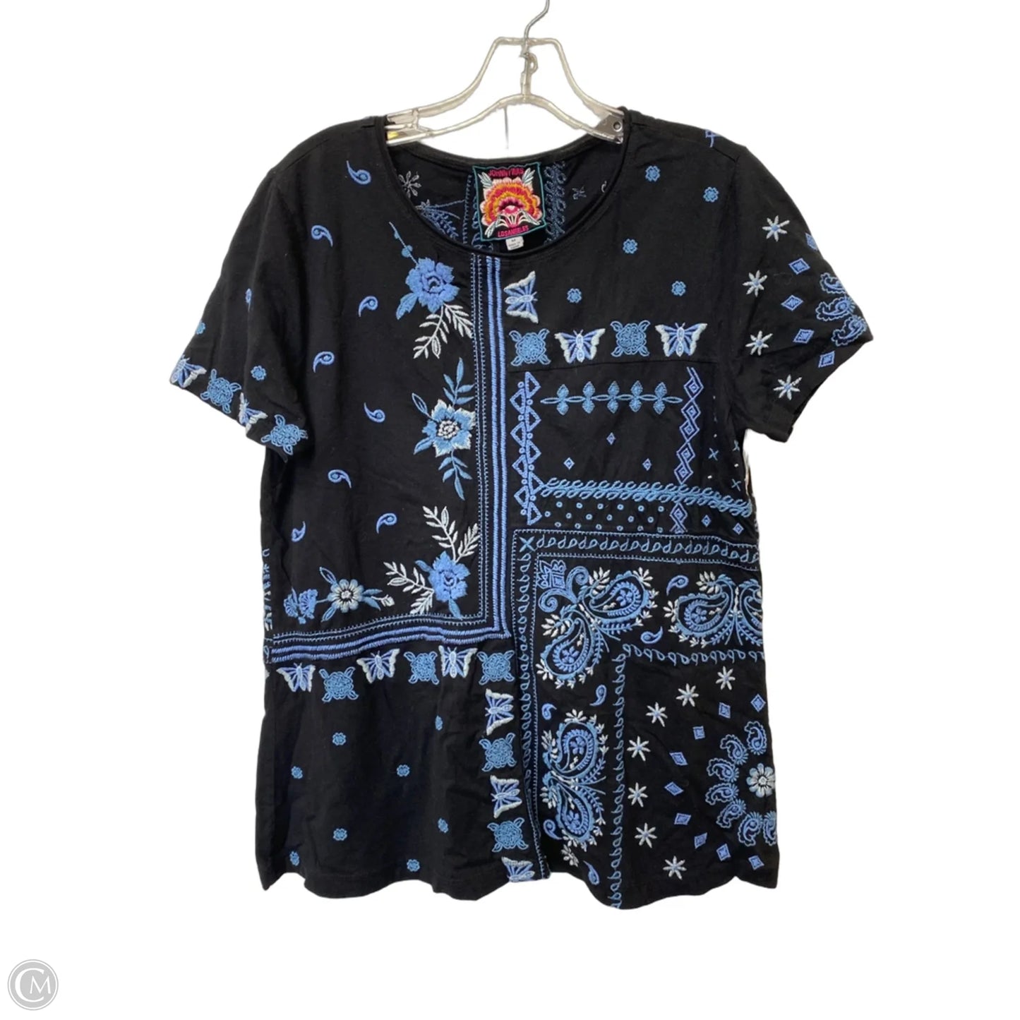 Top Short Sleeve By Johnny Was In Black & Blue, Size: M