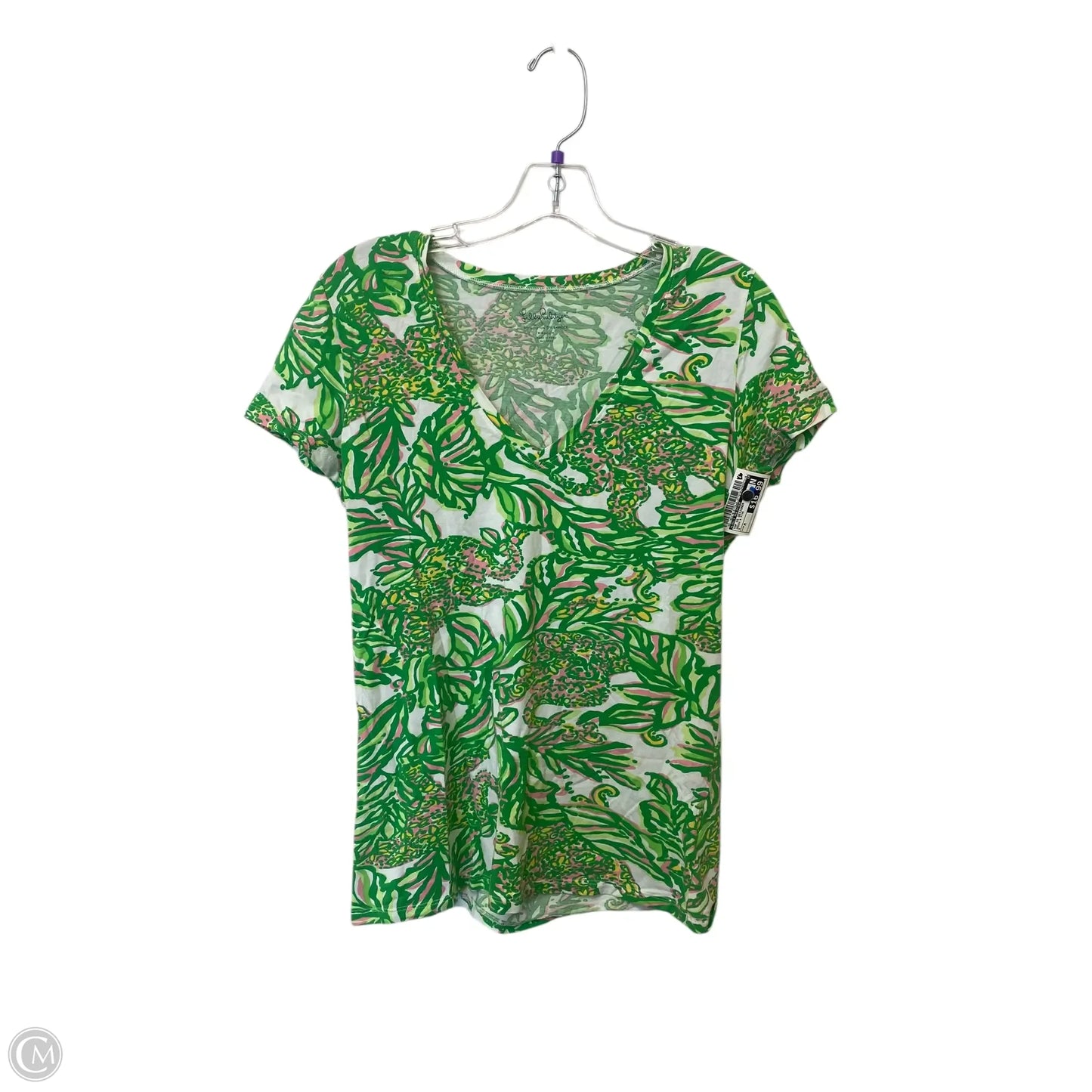 Top Short Sleeve Designer By Lilly Pulitzer In Green & Pink, Size: M