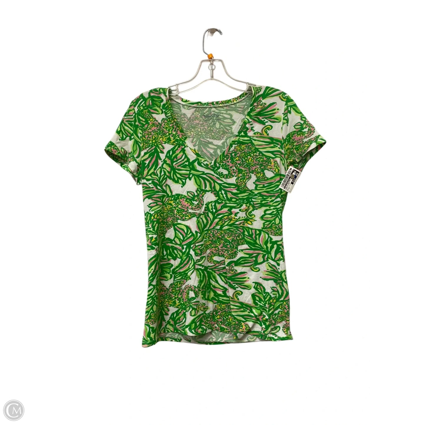 Top Short Sleeve Designer By Lilly Pulitzer In Green & Pink, Size: M