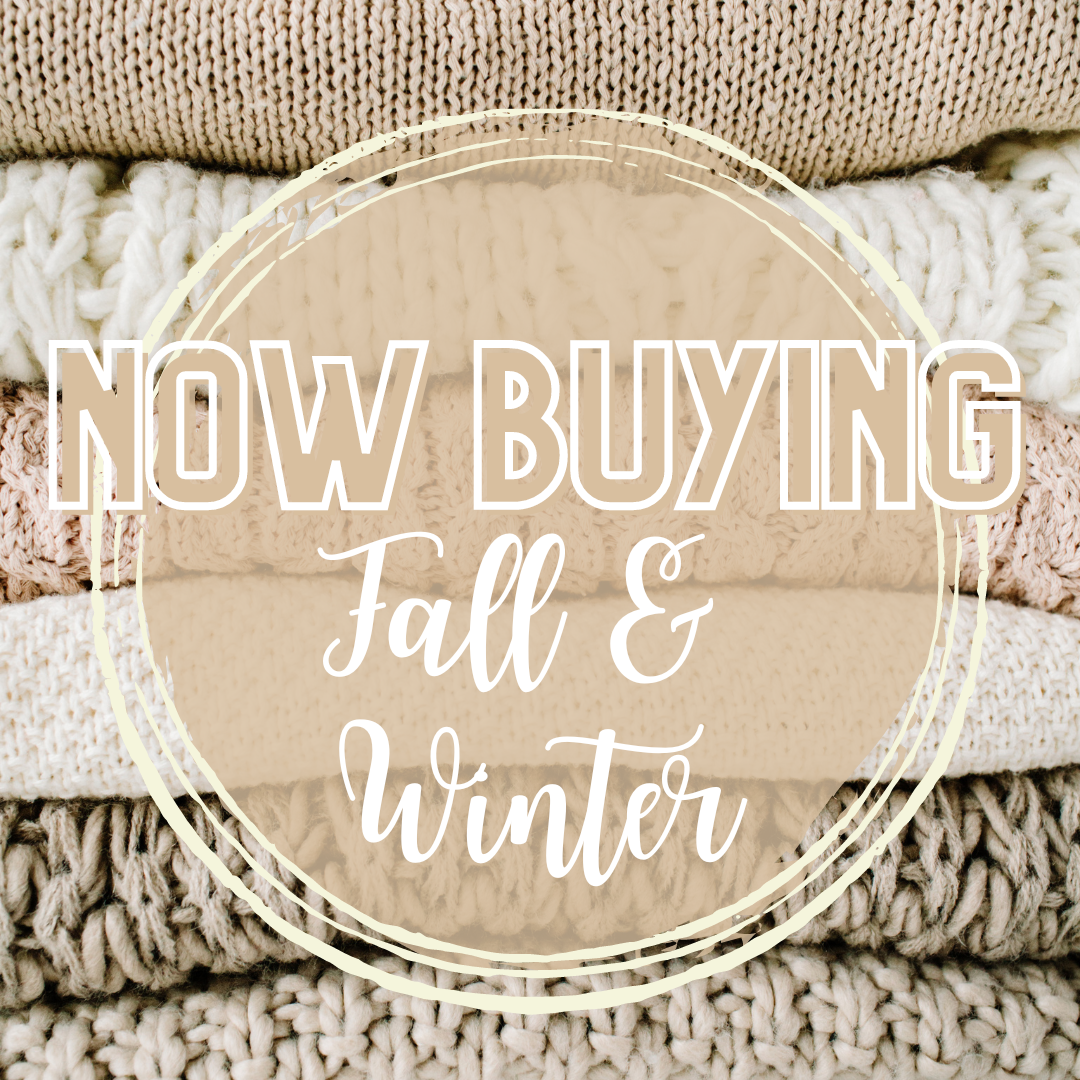 Image of sweaters, text saying Now Buying Fall & Winter